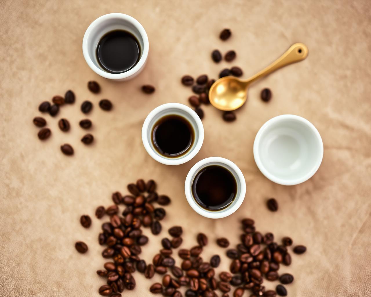 Ugandan coffee cupping setup with roasted beans