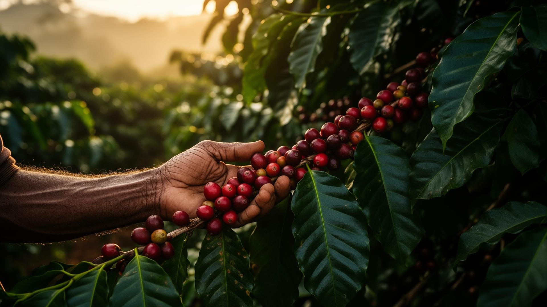 Hand reaching to ripe red coffee cherries on a branch surrounded by lush dark green leaves