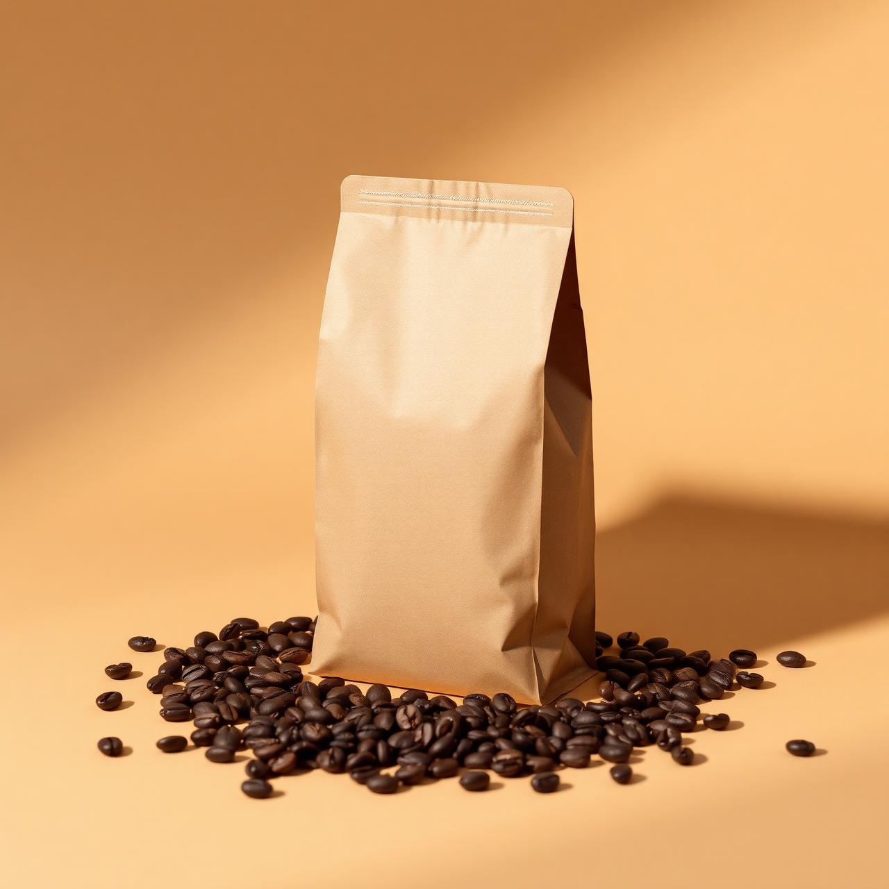 Premium unbranded coffee bag mockup with roasted beans