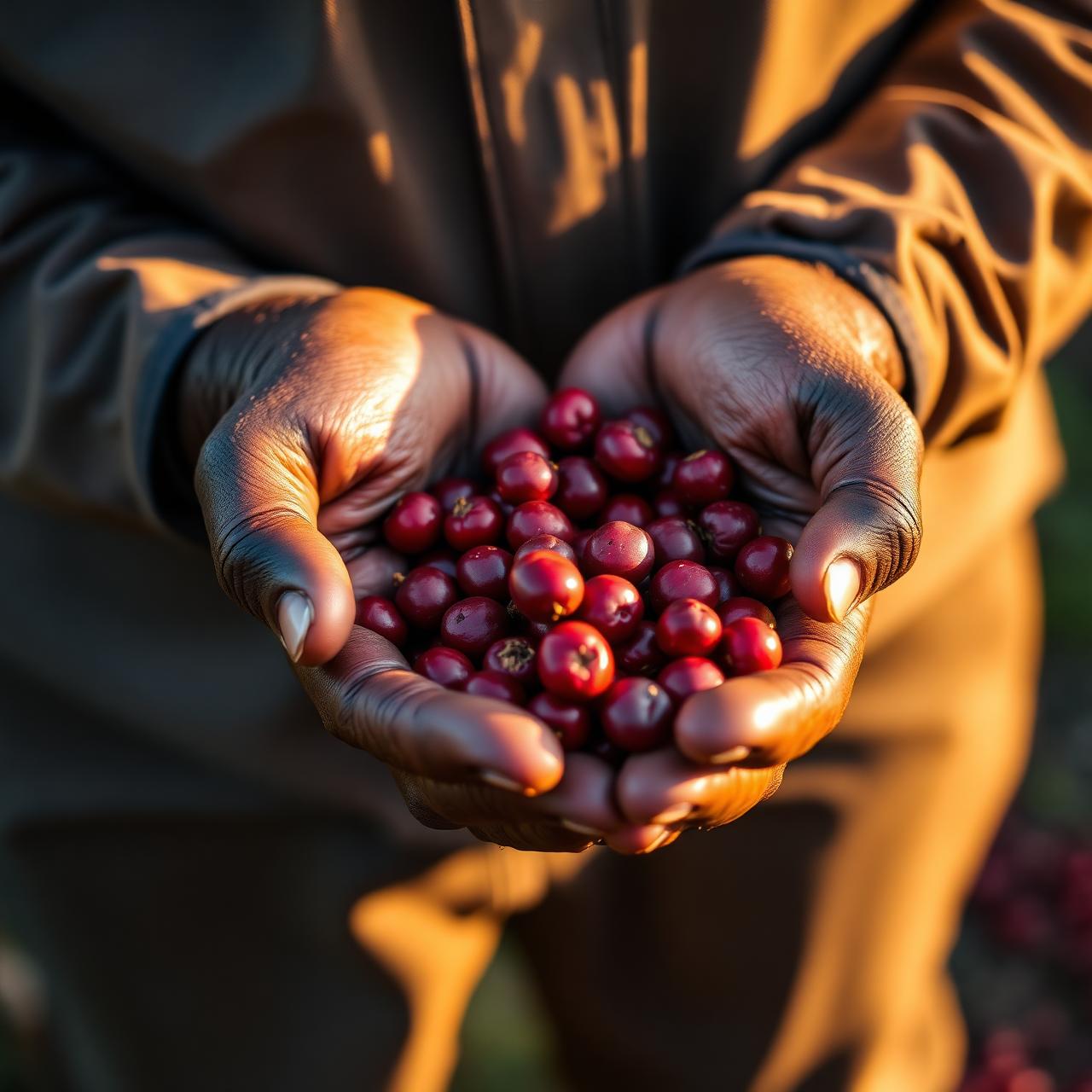 Hands of a Ugandan coffee farmer holding fresh red coffee cherries